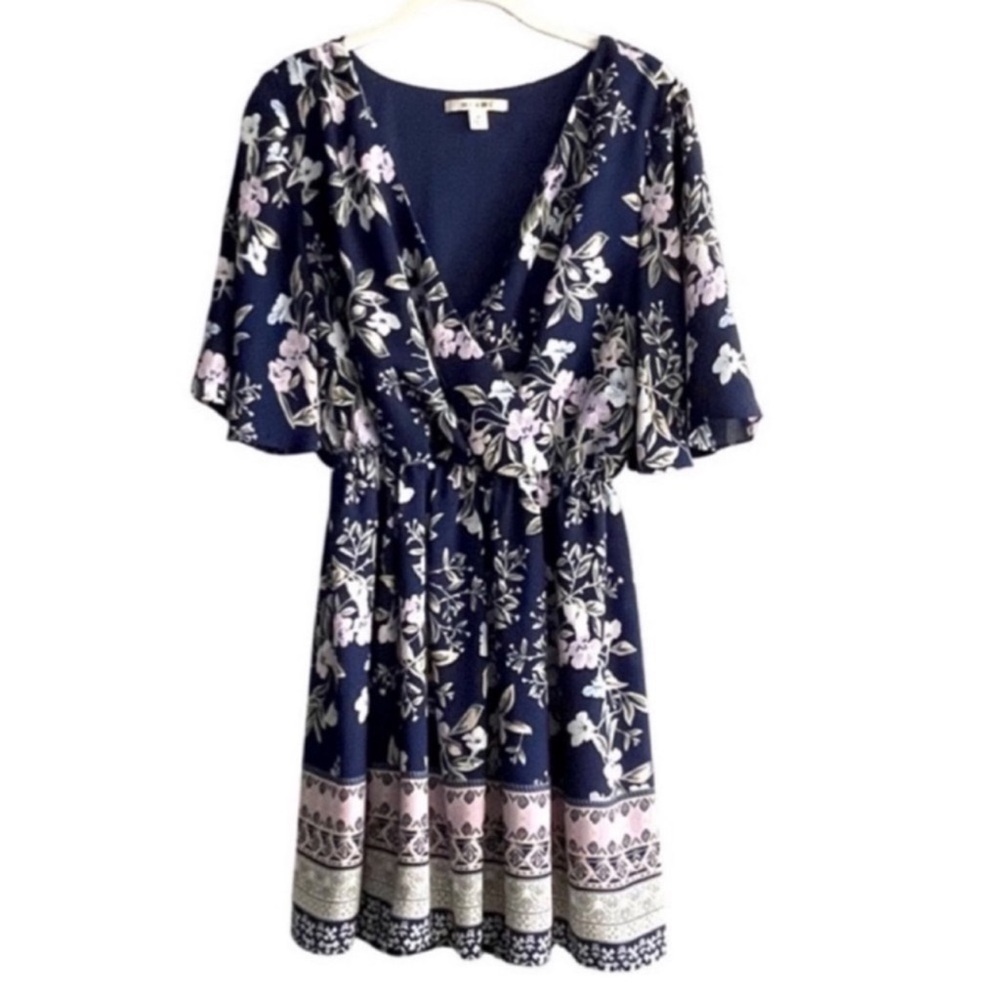 Miami Flutter Sleeve Dress Mixed Floral Crossover Top Blue Lilac Pink Size M